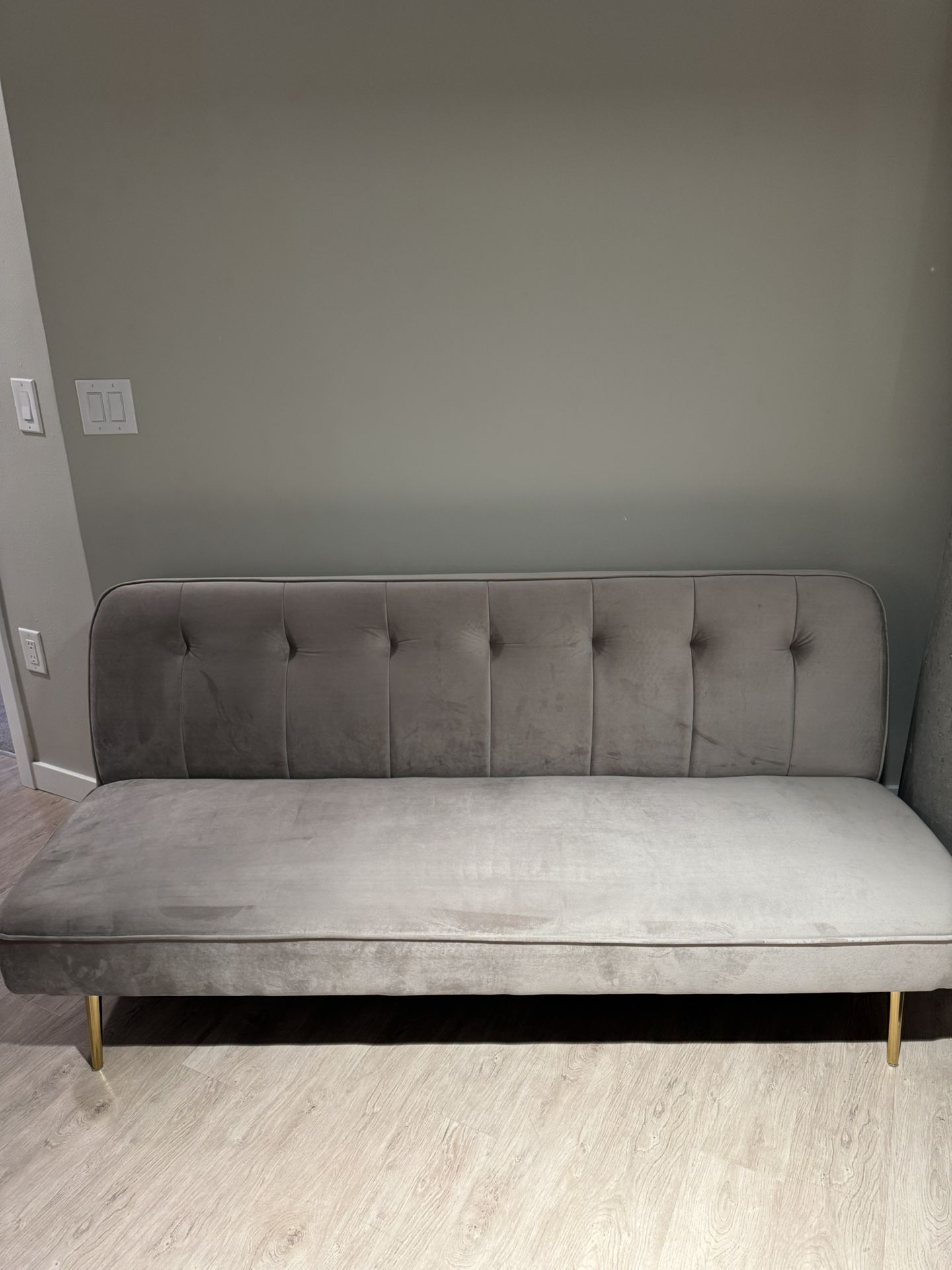 Gray Velvet Futon Couch - Folds Out & Has Built-In Power Outlets!