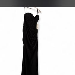 Strapless Black Evening Gown with Lace Bodice and Draped Skirt