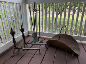 Vintage 4-Piece Fireplace Set – Andirons, Tools, and Brass/Copper Log Holder