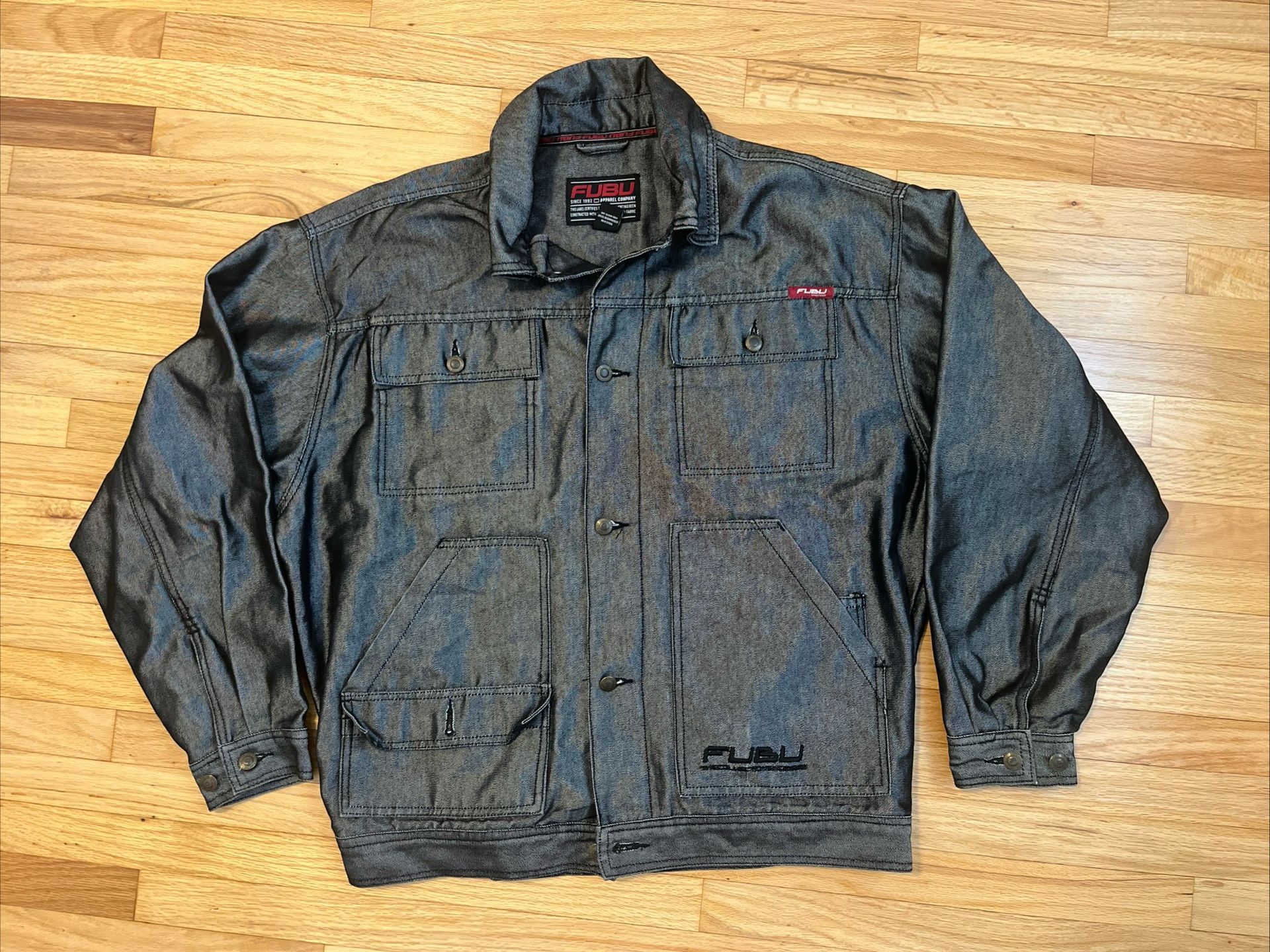VINTAGE Fubu Jacket The Collection Large Charcoal Denim Jean Hip Hop Y2K Baggy