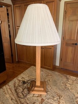 TABLE LAMP 26 IN HIGH, OAK BASE, IVORY PLEATED SHADE