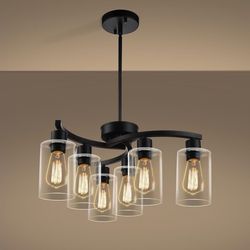 NEW! 6-Light Modern Farmhouse Black Chandelier, Contemporary Dining Room Light Fixture, Adjustable Height Hanging Industrial Pendant Lights Kitchen Is