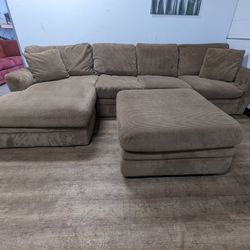 Modern Light Brown Fabric Sectional with Chaise and Ottoman