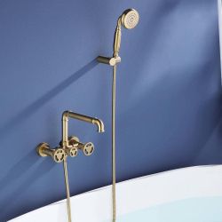 FLG 2-Handle Claw Foot Tub Faucet with Hand Shower, Wall Mount Tub Filler in Brushed Gold