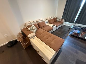 Brown and White Sectional Sofa with Storage, Cup Holders, & Kid Chairs