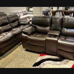 *Weekend Special!!!*---Mature Madrid Brown Leather Reclining Sofa/Loveseat Sets---Now $1099!!!---Delivery And Financing🤭