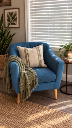 Blue Fabric Accent Chair with Wood Legs