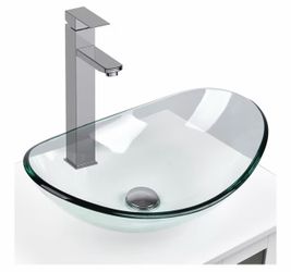 Bathroom Boat Shape Artistic Glass Vessel Sink Free Chrome Faucet and Pop-up Drain Set, Clear