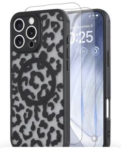 for iPhone 16 Pro Max Case Leopard Print Compatible with MagSafe [2X Screen Protector&Camera Full Coverage], Shockproof Floral Phone Case for iPhone 1