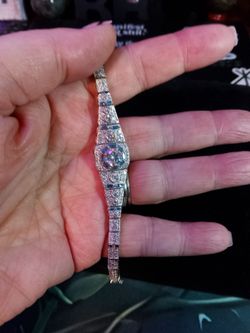 🔥 GORGEOUS ART DECO!! GRA CERTIFIED MOISSANITE, AND SIMULATED WHITE AND BLUE SAPPHIRE STERLING SILVER BRACELET!!