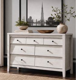 7 Drawer White Farmhouse Dresser 47" Chest Storage Organizer TV Stand for Bedroom.