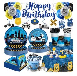 189pcs Police Birthday Decorations Tableware Set, for 25 Guests Glitter banner, Disposable 350g thick paper plates, HD printed cake decor, Waterproof