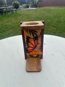 Hand-Painted Wooden Coffee Dripper Stand Butterfly Design Folk Art Medium