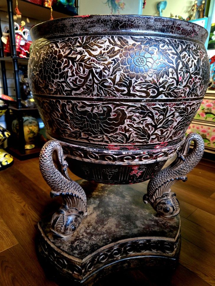 Antique Carved Koi Fish Base and Pot Tables , Planter. Please See All Pictures