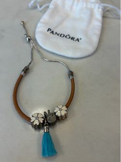 PANDORA Brown Fabric Cord Slider Adjustable Bracelet Sterling Silver w/ Charms