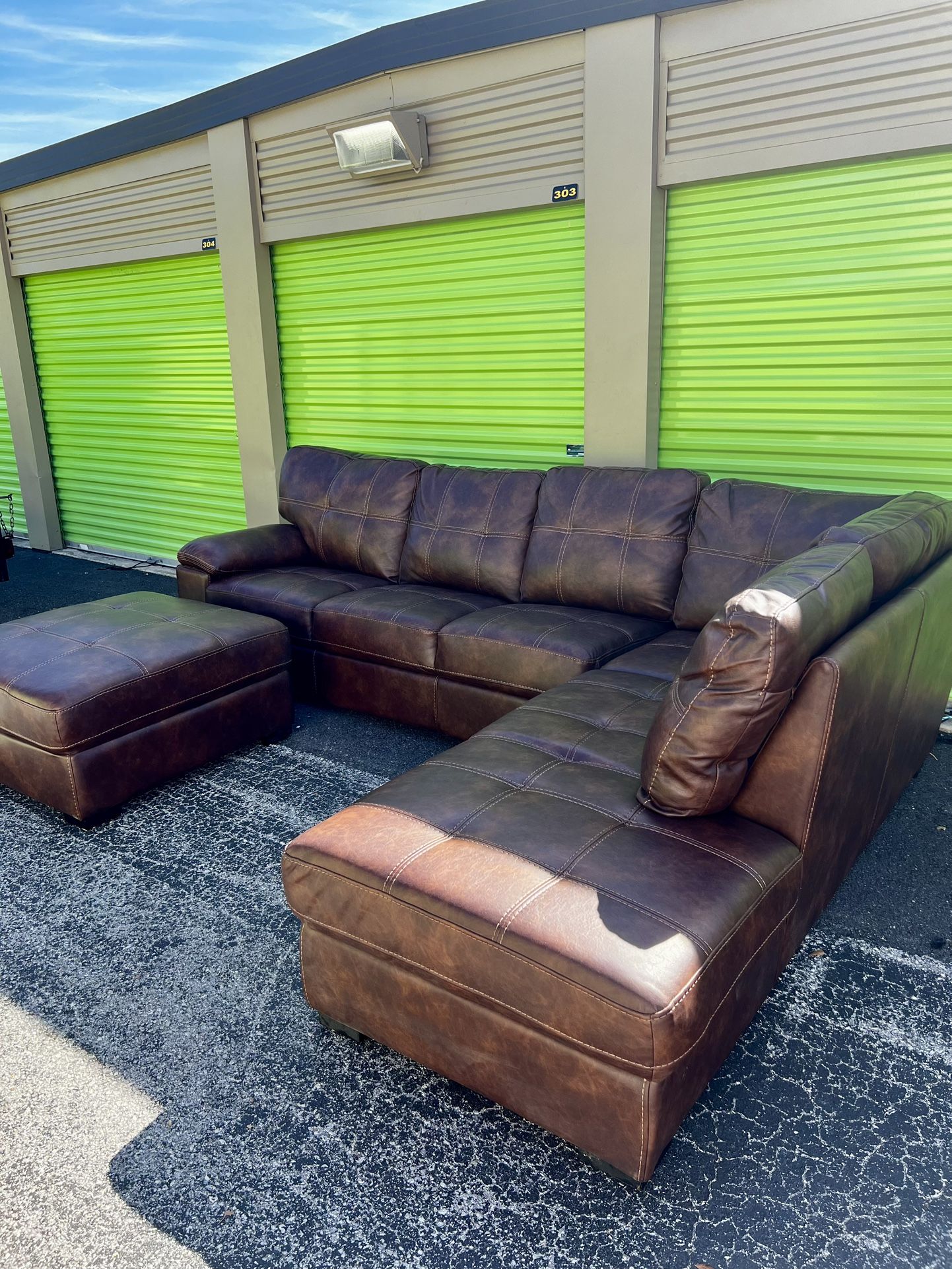 Brown Leather Sectional & Ottoman