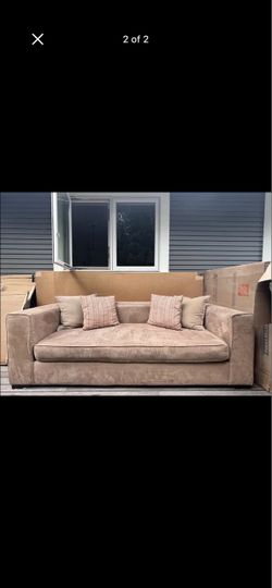 Tan Fabric Sofa with Throw Pillows