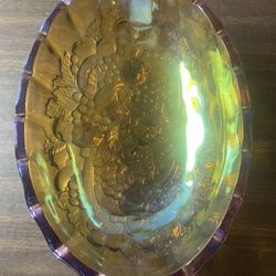 Carnival Glass Iridescent  Vintage, Amber Harvest Grape Footed Fruit Bowl
