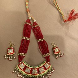 Indian Gold Red Green Pearl Jewelry Pendant Set