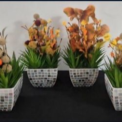 *** CLEARANCE *** Mosaic Glass Planters filled with Faux Autumn Flowers & Succulents in Epoxy @ Lasting Creations