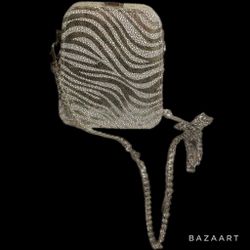 NWT Metallic Zebra Print Evening Clutch Bag Silver purse D’MARGEAUX NEW YORK