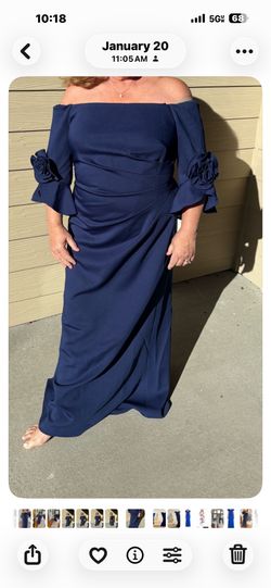Adrianna Papell Off Shoulder Bell Sleeve Rosette Gown In Navy Sateen