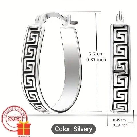 925 Sterling Silver Greek Patterned Hoop Earrings 