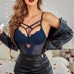 XL NAVY BLUE  Women Lingerie Floral Lace Harness Lingerie Bodysuit One Piece Teddy Babydoll Nightgown