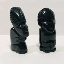 Vintage Black Onyx Mexican Hand Carved Aztec Maya God Figurines Set of 2 -5.25” 