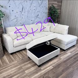 Beige Corduroy Sectional Sofa With Storage Ottoman 