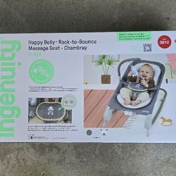 ingenuity 2-in-1 happy belly rock to bounce massage seat chambray