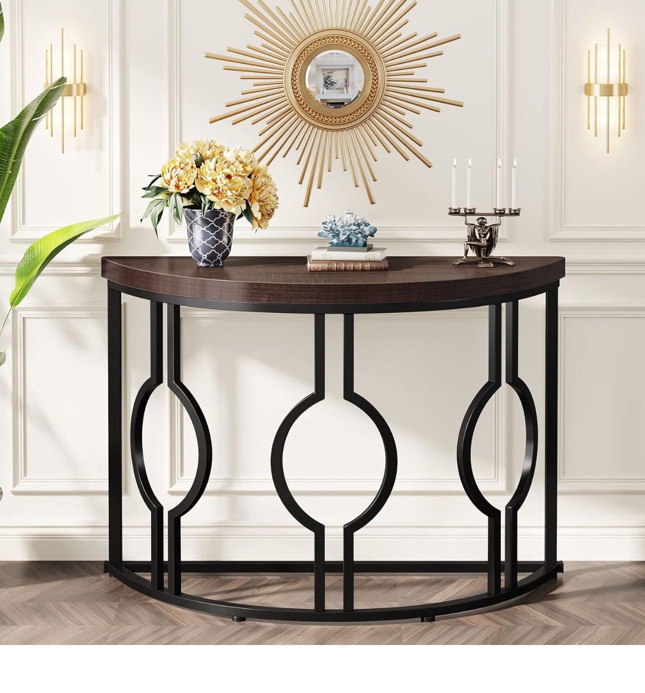 Tribesigns Half Moon Console Table for Entryway, 43 Inch Industrial Semi Circle Sofa Table with Geometric Base, Wood Accent Table for Living Room, Hal