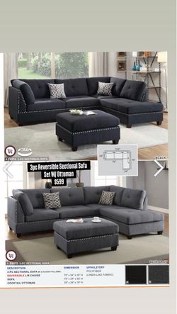 3pc Reversible Sectional Sofa Set W/ Ottoman