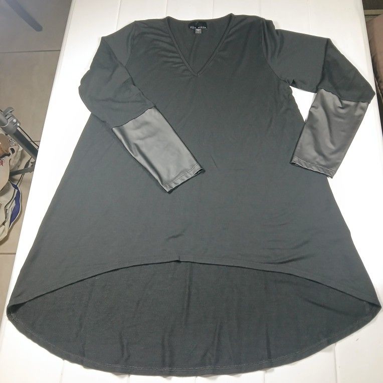 Womens Lg Atina Cristina Black Leather Detail Long Sleeve Asymmetrical Long Top