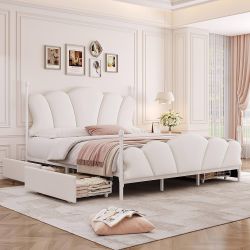 HIFIT Upholstered Queen Bed Frame with 4 Storage Drawer, Adjustable Petal Tufted Headboard, Velvet Princess Retro Queen Platform Bed with Storage, Hea