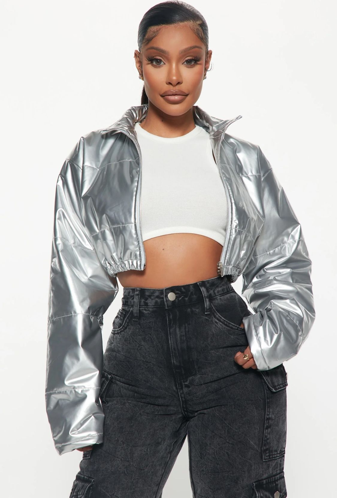 Metallic Cropped Puffer
