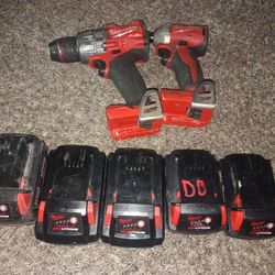 Milwaukee Drill & Impact With 5 Batteries 