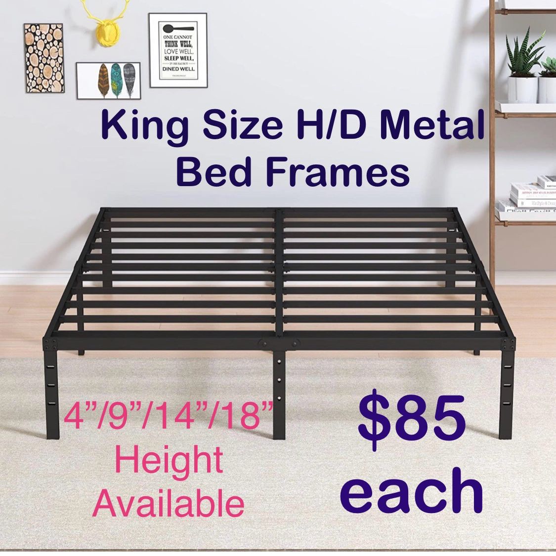 Various Height King Size Heavy Duty Metal Platform Frames, Mattress Not Included