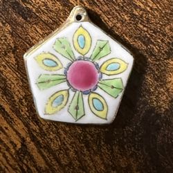Wonderful Vtg Artist Hand Painted Pottery Shard Porcelain Pentagon Pendant - Approx 1.5” 