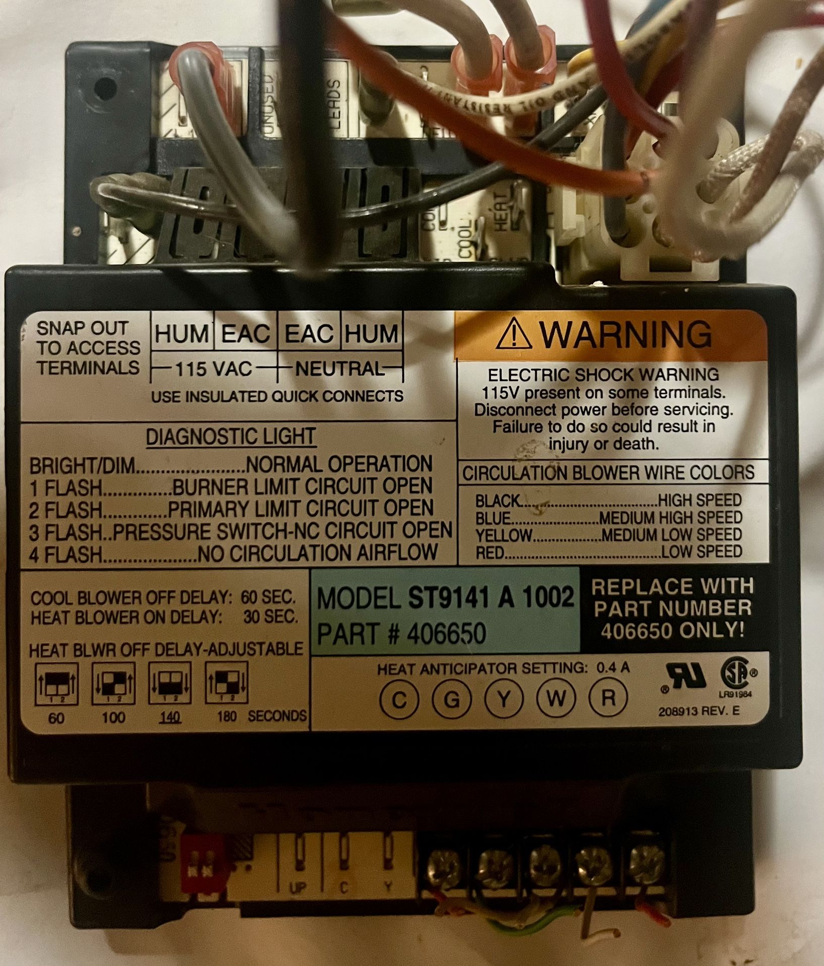 Honeywell Furnace Heater Control Board Model ST9141 A 1002. Part #406650