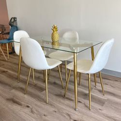 White Gold Modern Velvet Glass Dining Set 