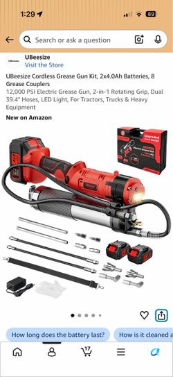 UBeesize Cordless Grease Gun Kit (12,000 PSI, 2x 4.0Ah Batteries & 8 Couplers)