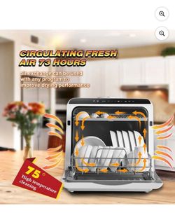 Portable Countertop Dishwasher with 5 Programs, 3-Cup Water Tank, Fruit/Vegetable Basket, High Temperature, and Air Drying