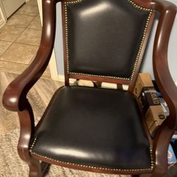 Wooden Chair Rocker With Black Leather Upholstery & Nail Trim
