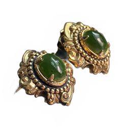 Vintage Green Cabochon Gold Tone Clip On Earrings