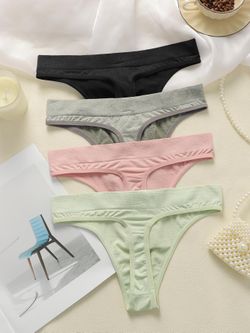 4-Pack Women Cotton Low-Rise Thong Panties, Minimal Solid Color, High Stretch Breathable Seamless U
