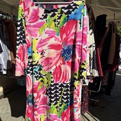 Floral Long Sleeve Dress with Bold Pink and Green