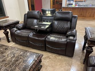 New Power Reclining Couch / Love Seat. Brown / Grey Gel Leatherette. Reading Lights. Free Delivery!