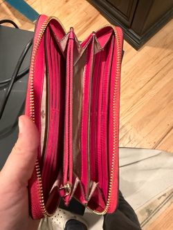 Pink Zip-Around Wallet with Gold Hardware