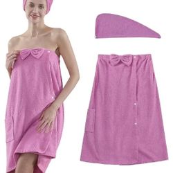 Womens Bath Wrap Towel with Hair Towel, Spa Bath Towel Wrap Cover Up for Shower Robe Toalla
